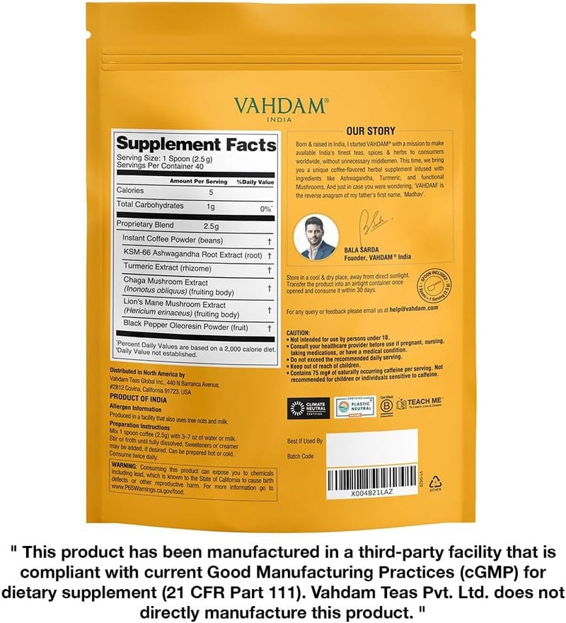 VAHDAM Ashwagandha Coffee with Turmeric, Lion’s Mane & Chaga Mushroom - 40 Servings - Image 2